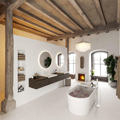 MONDIAZ BUKLA 240cm ensemble de meuble avec module 60 gauche couleur Marron Foncé avec 4 tiroirs. Lavabo CLOUD double 2 trous de robinet couleur Talc.