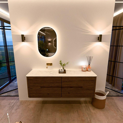 Mondiaz CIRO-DLUX Meuble de salle de bains - 150x45x50cm - Plan vasque solid surface Opalo - 1 vasque à gauche - sans trous de robinetterie - 4 tiroirs - Dusk