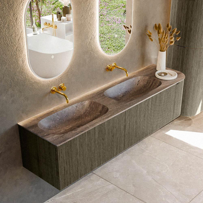 MONDIAZ KURVE-DLUX 175cm meuble de salle de bains arrondi Droite couleur Shadow avec 2 tiroirs et 1 porte. Lavabo STOR SMALL Double / Gauche sans trou de robinet Oza.