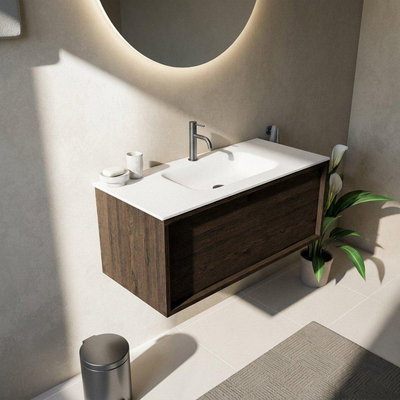 Saniclass Holz Frame Ensemble meuble de salle de bains - 100x45x41.5cm - Flow lavabo en solid surface blanc - 1 vasque - 1 trou de robinet - 1 tiroir - chêne charcoal mat (bois)