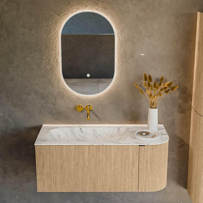 MONDIAZ KURVE-DLUX meuble de salle de bains 105 cm avec module 25 R couleur Oak avec 1 tiroir et 1 porte. Lavabo BIG SMALL gauche sans trou de robinet couleur Glace.