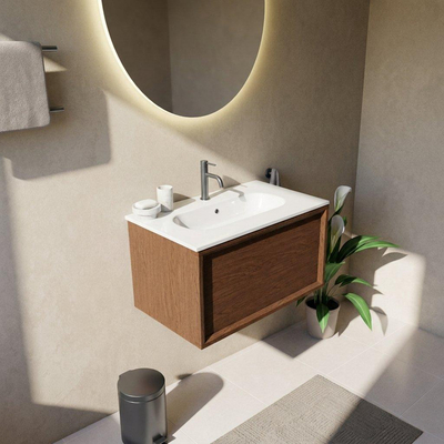 Saniclass Holz Frame Ensemble de meubles de salle de bains - 80x45x53.9cm - Lavabo Chaci en céramique blanc - 1 vasque - 1 trou de robinetterie - 1 tiroir - walnut pure mat (bois)