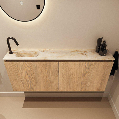 MONDIAZ TURE-DLUX Meuble de toilettes 120 cm Washed Oak. Lavabo EDEN Frappe position gauche. Avec 1 trou de robinet.