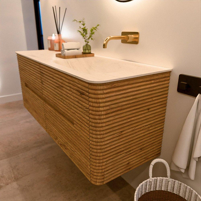 Mondiaz CIRO-DLUX Badkamermeubelset - 130x45x50cm - Solid surface wastafel Meli - 1 wasbak Rechts - zonder kraangaten - 4 lades - Oak