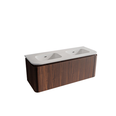 Saniclass Terra Ensemble meuble de salle de bain - 120x42x45,5 cm - lavabo céramique blanc brillant - 2 vasques - 2 tiroirs - Châtaignier (noyer)