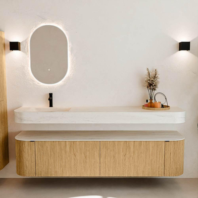 MONDIAZ THOR-DLUX Meuble de salle de bains 190cm arrondi gauche + droite couleur Oak avec 2 tiroirs et 2 portes. Vasque suspendue CLOUD Gauche 1 trou de robinet couleur Meli.