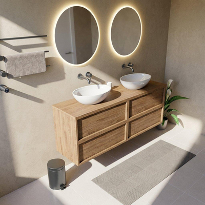 Saniclass Holz Frame Ensemble de meubles de salle de bains - 160x45x62cm - plan de travail en bois - sans trou de robinet - 4 tiroirs - chêne natural mat (bois)