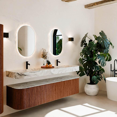 MONDIAZ THOR-DLUX Meuble de salle de bains 190cm arrondi gauche + droite couleur Ruby avec 2 tiroirs et 2 portes. Vasque suspendue CLOUD Double 2 trous de robinet couleur Glace.