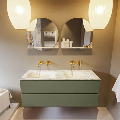 MONDIAZ VICA-DLUX Ensemble meuble de salle de bains - 130cm - meuble bas army - 2 tiroirs - lavabo encastré cloud double - sans trous de robinet - version haute 60cm - glace