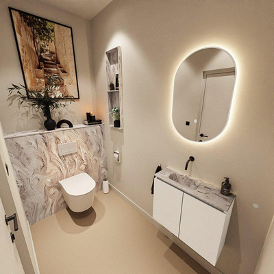 MONDIAZ TURE-DLUX Meuble toilette - 60cm - Talc - EDEN - vasque Glace - position gauche - sans trou de robinet