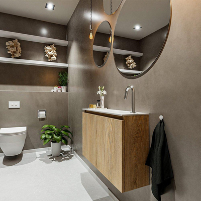MONDIAZ TURE Kit lave-mains - 80x23x50cm - 1 trou de robinet - 2 portes - chêne blanchi mat - Lavabo à droite - Solid Surface Blanc