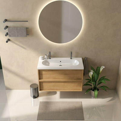 Saniclass Holz Frame Ensemble meuble de salle de bains - 100x45x63.5cm - lavabo en céramique Palermo blanc - 1 vasque - 2 trous de robinetterie - 2 tiroirs - chêne natural mat (bois)