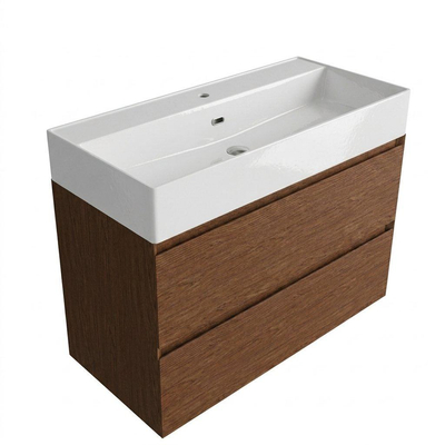 Saniclass Holz Pure Ensemble meuble de salle de bains - 100x45x72cm - Legend lavabo en céramique blanc - 1 vasque - 1 trou de robinetterie - 2 tiroirs - noyer pure mat (bois)