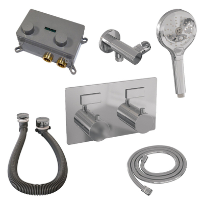 Brauer Chrome Edition mitigeur bain thermostatique encastré bouton poussoir set 04 combinaison de remplissage de bain 3 positions douche à main flexible de douche raccord mural coude chrome