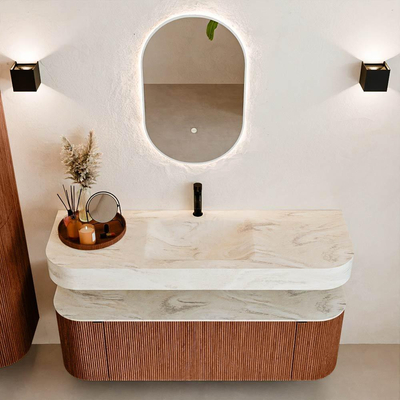 MONDIAZ THOR-DLUX 140cm meuble de salle de bains arrondi gauche + droite couleur Ruby avec 1 tiroir et 2 portes. Vasque suspendue CLOUD Milieu 1 trou de robinet couleur Ostra.