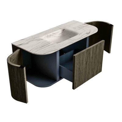 MONDIAZ KURVE-DLUX Meuble de salle de bains 100cm arrondi gauche + droite couleur Shadow avec 1 tiroir et 2 portes. Lavabo GRUNNE central sans trou de robinet Nata.