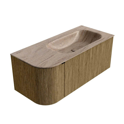 MONDIAZ KURVE-DLUX meuble de salle de bains 105cm courbure gauche couleur Dusk avec 1 tiroir et 1 porte. Vasque BIG SMALL droite 1 trou de robinetterie Saba.
