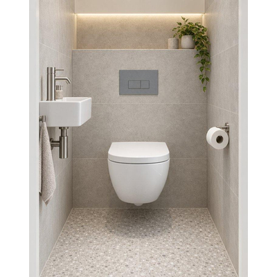 QeramiQ Dely Swirl Compact Toiletset - inbouwreservoir QeramiQ flush - 25mm zitting - kunststof bedieningsplaat licht grijs - rechthoekige knoppen - glans wit