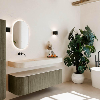 MONDIAZ THOR-DLUX 150cm meuble de salle de bains arrondi gauche + droite couleur Shadow avec 1 tiroir et 2 portes. Vasque suspendue CLOUD Gauche sans trou de robinet couleur Meli.