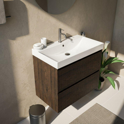 Saniclass Holz Atelier Ensemble de meuble de salle de bains - 80x45x67.5cm - lavabo en céramique Wave - 1 vasque - 1 trou de robinetterie - 2 tiroirs - chêne charcoal mat (bois)