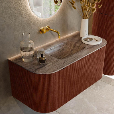 MONDIAZ KURVE-DLUX Meuble de salle de bains 100 cm arrondi Gauche + Droite couleur Ruby avec 1 tiroir et 2 portes. Lavabo GRUNNE Central sans trou de robinet Oza.
