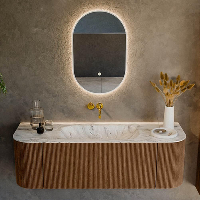 MONDIAZ KURVE-DLUX 140cm Meuble salle de bain avec module 25 G et D - couleur Walnut - 1 tiroir - 2 portes - vasque BIG SMALL centre - sans trou de robinet - couleur Glace