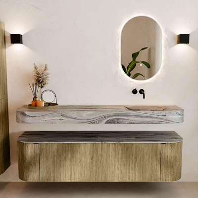 MONDIAZ THOR-DLUX Meuble de salle de bains 170cm arrondi gauche + droite couleur Dusk avec 1 tiroir et 2 portes. Vasque suspendue CLOUD Droite sans trou de robinet couleur Sombra.