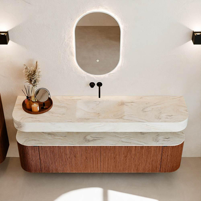 MONDIAZ THOR-DLUX 180cm meuble de salle de bains arrondi gauche + droite couleur Ruby avec 2 tiroirs et 2 portes. Vasque suspendue CLOUD Centre sans trou de robinet couleur Ostra.