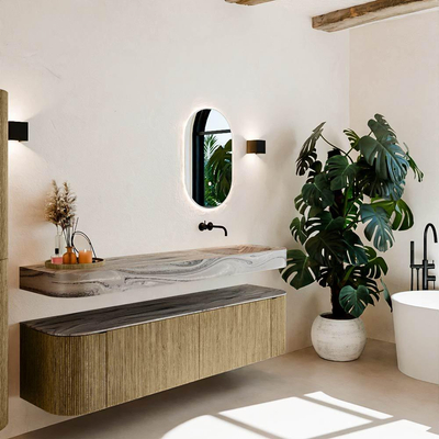 MONDIAZ THOR-DLUX 180cm meuble de salle de bains arrondi gauche + droite couleur Dusk avec 2 tiroirs et 2 portes. Vasque suspendue CLOUD Droite sans trou de robinet couleur Sombra.