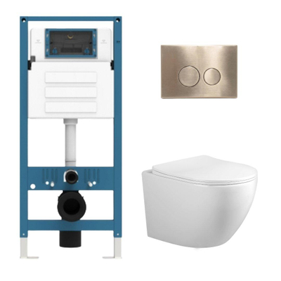 Adema Salina 2.0 Toiletset - 48.5x36x32cm - diepspoel - spoelrandloos - QeramiQ inbouwreservoir - softclose - quickrelease - toiletzitting - goud geborsteld metalen bedieningsplaat - ronde knoppen - wit