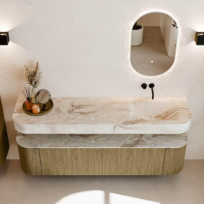 MONDIAZ THOR-DLUX Meuble de salle de bains - 180cm - arrondi gauche + droite - couleur Dusk - 2 tiroirs et 2 portes - Vasque suspendue CLOUD Droite sans trou de robinet - couleur Frappe