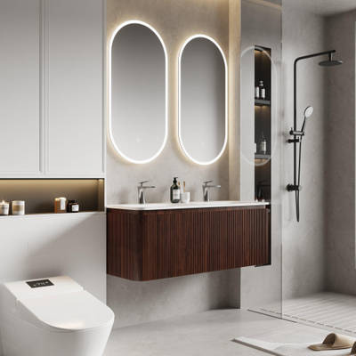 Royal Plaza Terra Edge Ensemble meuble de salle de bains - 120x45.5x46cm - vasque en céramique blanc brillant - 2 vasques - 2 trous de robinet - 2 tiroirs - châtaignier (noyer)