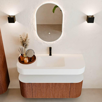 MONDIAZ THOR Meuble de salle de bains 120cm arrondi gauche + droite couleur Ruby avec 1 tiroir et 2 portes. Vasque suspendue CLOUD Milieu 1 trou de robinet couleur Talc.