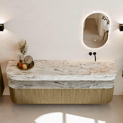 MONDIAZ THOR-DLUX Meuble de salle de bains - 200cm - arrondi gauche + droite - couleur Dusk - 2 tiroirs - 2 portes - Vasque suspendue CLOUD droite sans trou de robinet - couleur Glace