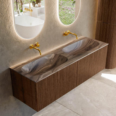 MONDIAZ KURVE-DLUX 140cm badmeubel kleur Walnut met 2 lades en 0 deuren. Wastafel STOR SMALL Dubbel zonder kraangat Sombra.