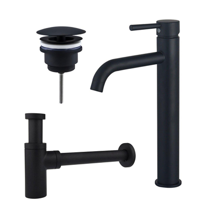 Fortifura Calvi wastafelkraanset - opbouw - voorsprong 16.8cm - met open waste - mat zwart