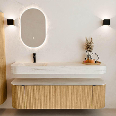 MONDIAZ THOR-DLUX 160cm badmeubel ronding links + rechts kleur Oak met 1 lade en 2 deuren. Vrijhangende wastafel CLOUD Links 1 kraangat kleur Meli.