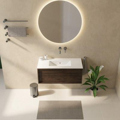 Saniclass Holz Frame Ensemble de meubles de salle de bains - 100x45x42cm - Vygo lavabo en céramique blanc - 1 vasque - sans trou de robinetterie - 1 tiroir - chêne charcoal mat (bois)