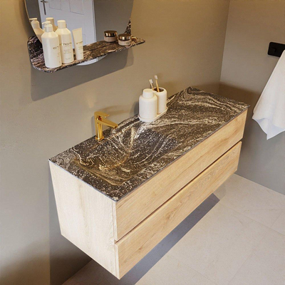 Mondiaz VICA-DLUX Ensemble de meuble de salle de bain - 120cm - meuble sous-vasque chêne blanchi - 2 tiroirs - lavabo encastré cloud gauche - 1 trou de robinet - miroir modèle spot - version XL 60cm haut - lave