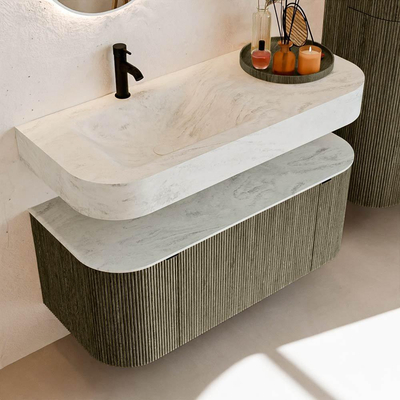 MONDIAZ THOR-DLUX Meuble de salle de bains 110cm arrondi gauche + droite couleur Shadow avec 1 tiroir et 2 portes. Vasque suspendue CLOUD Gauche 1 trou de robinet couleur Opalo.