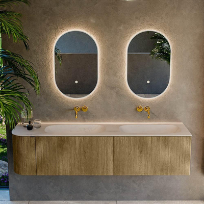 MONDIAZ KURVE-DLUX 175cm meuble de salle de bains arrondi gauche couleur Dusk avec 2 tiroirs et 1 porte. Plan-vasque STOR SMALL Double / Droite sans trou de robinet Meli.