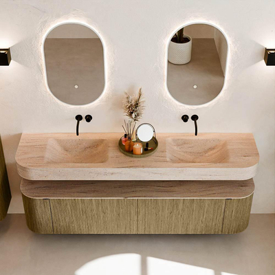 MONDIAZ THOR-DLUX 190cm meuble de salle de bains arrondi gauche + droite couleur Dusk avec 2 tiroirs et 2 portes. Vasque suspendue CLOUD Double sans trou de robinet couleur Saba.