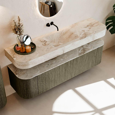 MONDIAZ THOR-DLUX 170cm meuble de salle de bains arrondi gauche + droite couleur Shadow avec 1 tiroir et 2 portes. Vasque suspendue CLOUD Milieu sans trou de robinet couleur Frappe.