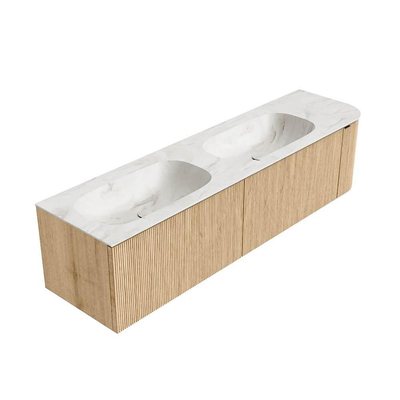 MONDIAZ KURVE-DLUX meuble de salle de bains 175cm avec module 25 R couleur chêne avec 2 tiroirs et 1 porte. Lavabo STOR SMALL double / gauche 2 trous de robinet couleur Ostra.