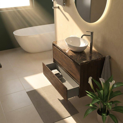 Saniclass Holz Pure Ensemble meuble de salle de bains - 100x45x63cm - Plan en pierre naturelle Noche dark emperador - 1 trou de robinet - 2 tiroirs - chêne charcoal mat (bois)