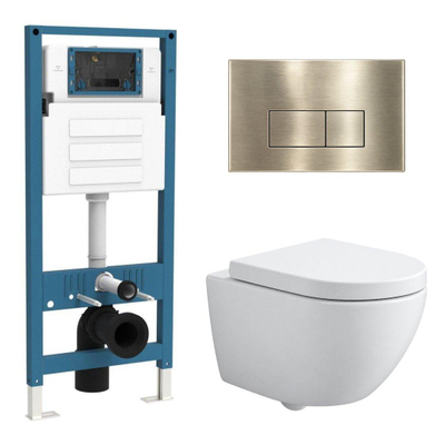 QeramiQ Dely Swirl Compact Toiletset - inbouwreservoir QeramiQ flush - 25mm zitting - metalen bedieningsplaat messing geborsteld (goud) - rechthoekige knoppen - mat wit