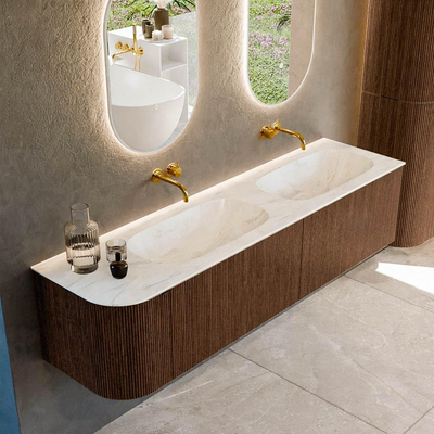 MONDIAZ KURVE-DLUX meuble de salle de bains 175 cm avec module 25 L couleur Walnut avec 2 tiroirs et 1 porte. Plan-vasque STOR SMALL double / à droite sans trou de robinet couleur Ostra.