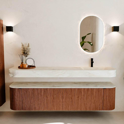 MONDIAZ THOR-DLUX Meuble de salle de bains 190cm arrondi gauche + droite couleur Ruby avec 2 tiroirs et 2 portes. Vasque suspendue CLOUD Droite 1 trou de robinet couleur Ostra.