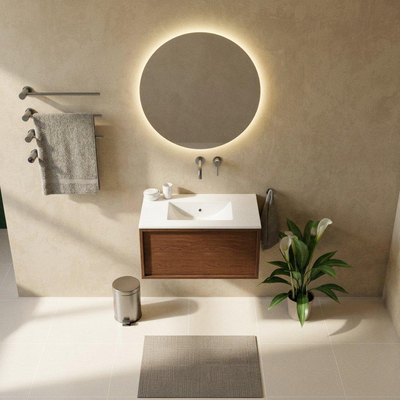 Saniclass Holz Frame Ensemble meuble de salle de bains - 80x45x42cm - Lavabo Vygo en céramique blanc - 1 vasque - sans trou de robinet - 1 tiroir - walnut pure mat (bois)