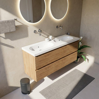 Saniclass Holz Pure Badkamermeubelset - 140x45x63.5cm - Palermo keramische wastafel wit - 2 wasbakken - zonder kraangaten - 4 lades - mat eiken natural (hout)